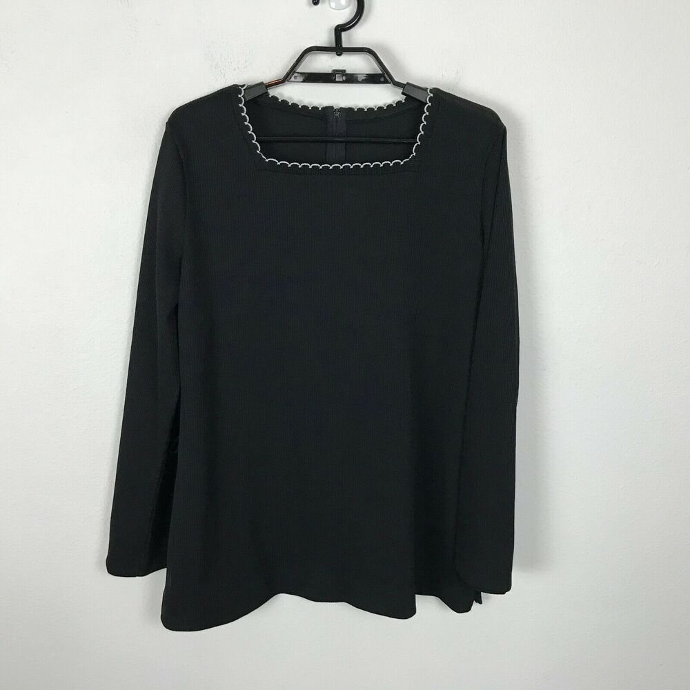 Vintage 1970s Knit‎ Blouse Square Scalloped Neckline Black Long Sleeve Size L